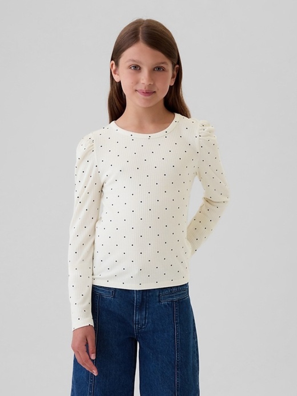 Gap Kids Softspun Ribbed Top - Girls Long Sleeve Cream & Black Polka Dots